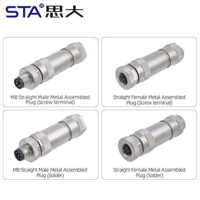 M8 Connector Straight Male / Female Metal Assembled Plug Screw Terminal Type 3 4 Pins