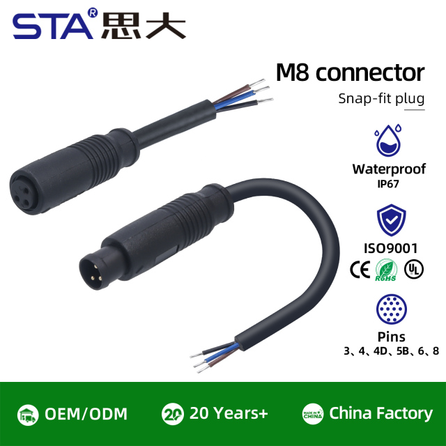 IP67 Waterproof  M8 Quick insertion Plastic Overmolded Connector 3 4 5 Pins
