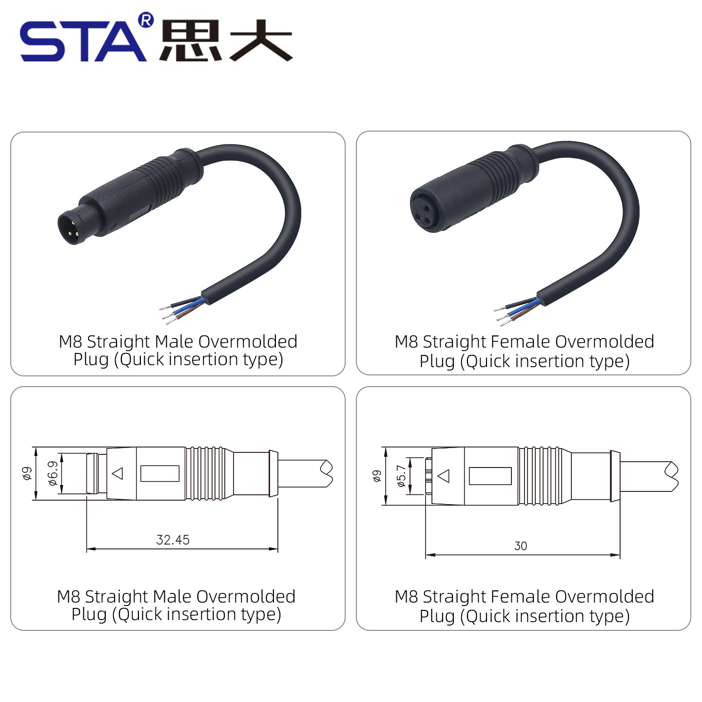 IP67 Waterproof  M8 Quick insertion Plastic Overmolded Connector 3 4 5 Pins