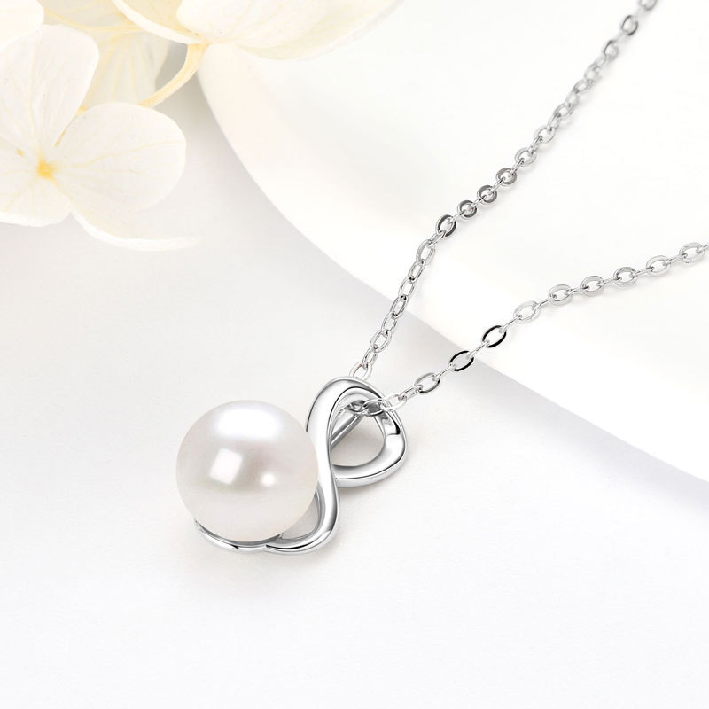 7-8mm White Akoya Pearl Pendant and Zirconia Necklace