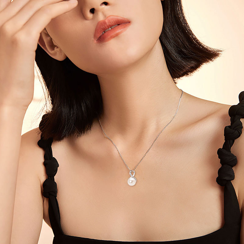 7-8mm White Akoya Pearl Pendant and Zirconia Necklace