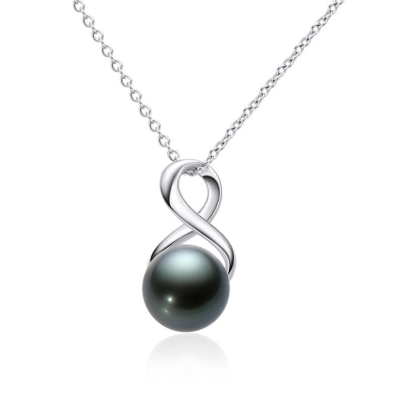 9-9.5 mm Natural Tahitian Black Pearl Infinity Pendant Necklace