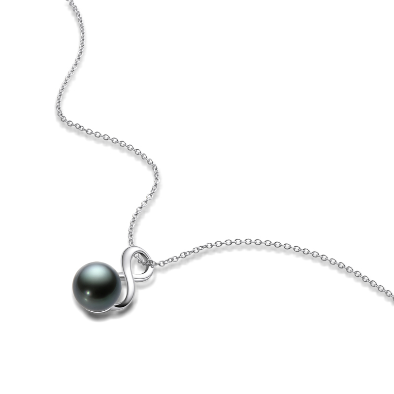 9-9.5 mm Natural Tahitian Black Pearl Infinity Pendant Necklace