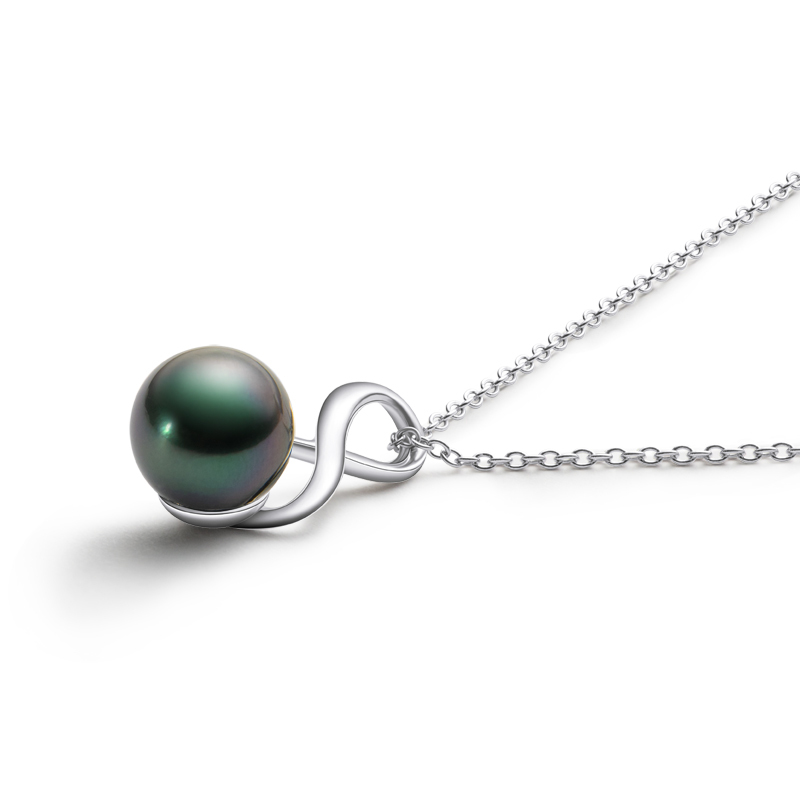 9-9.5 mm Natural Tahitian Black Pearl Infinity Pendant Necklace