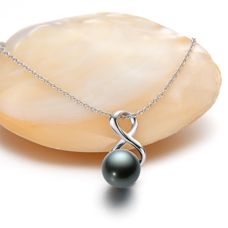 9-9.5 mm Natural Tahitian Black Pearl Infinity Pendant Necklace