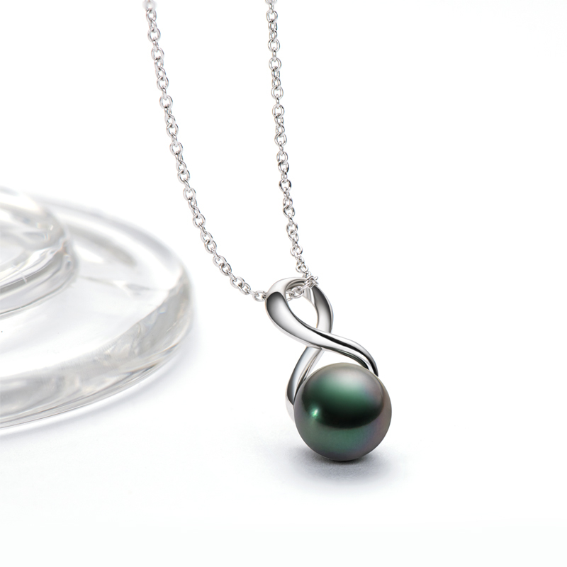 9-9.5 mm Natural Tahitian Black Pearl Infinity Pendant Necklace