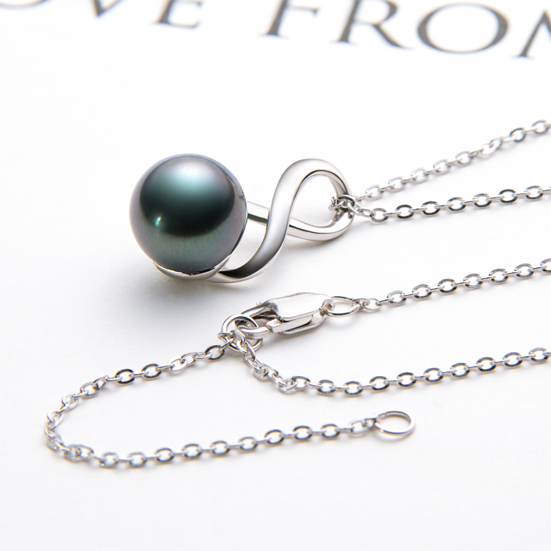 9-9.5 mm Natural Tahitian Black Pearl Infinity Pendant Necklace