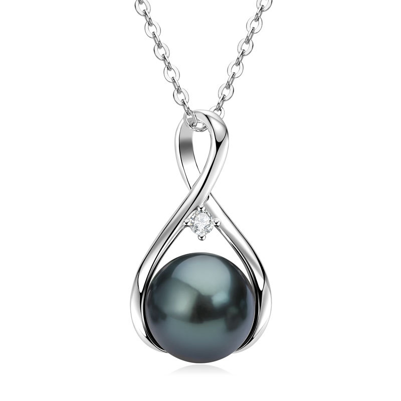 Elegant 9-10 mm Tahitian Black Pearl Infinity Pendant Necklace with 2 mm Moissanite