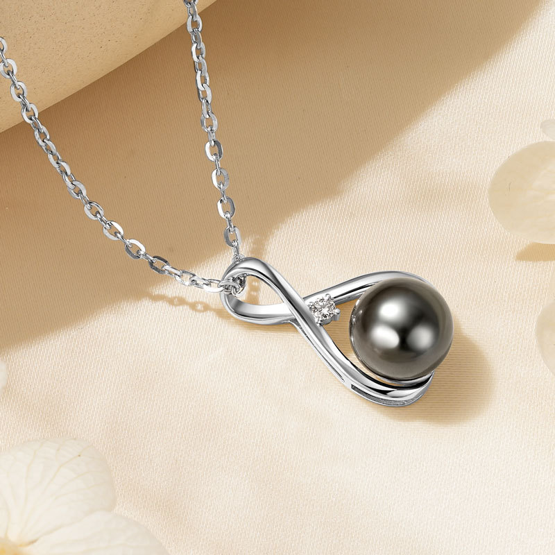Elegant 9-10 mm Tahitian Black Pearl Infinity Pendant Necklace with 2 mm Moissanite