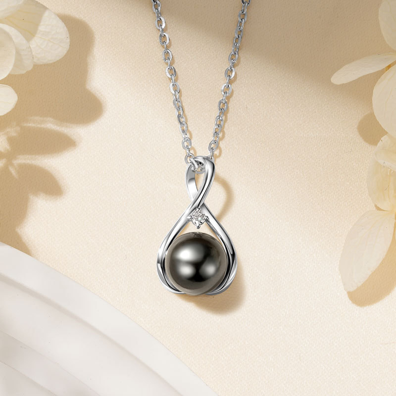 Elegant 9-10 mm Tahitian Black Pearl Infinity Pendant Necklace with 2 mm Moissanite