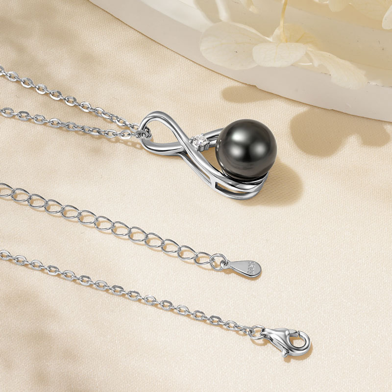 Elegant 9-10 mm Tahitian Black Pearl Infinity Pendant Necklace with 2 mm Moissanite