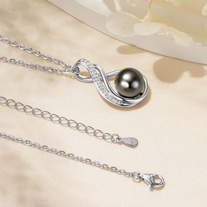 9-10mm Seawater Tahitian Black Pearl with 1mm/0.9mm/0.8mm Moissanite Infinity Pendant Necklace