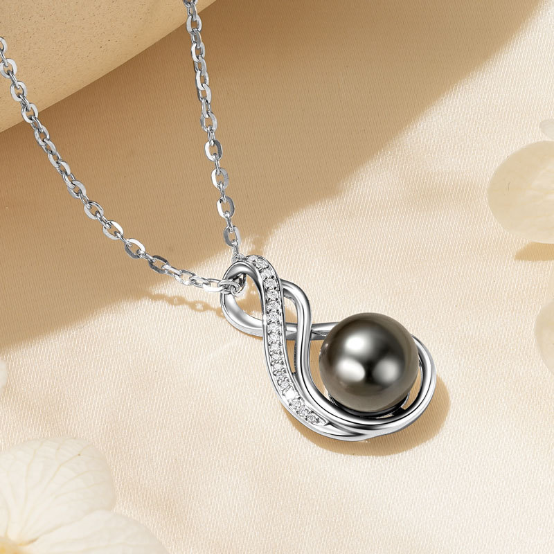 9-10mm Seawater Tahitian Black Pearl with 1mm/0.9mm/0.8mm Moissanite Infinity Pendant Necklace
