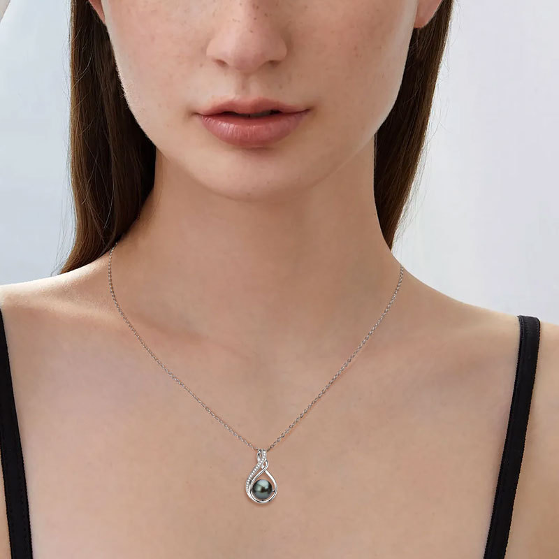 9-10mm Seawater Tahitian Black Pearl with 1mm/0.9mm/0.8mm Moissanite Infinity Pendant Necklace