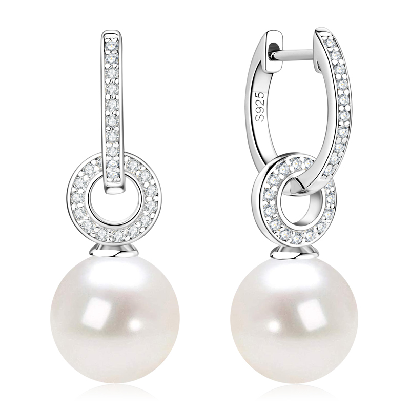 High-grade 9-10 mm  AAAA Shell Pearl with Zircon Stones  Hoop Earrings
