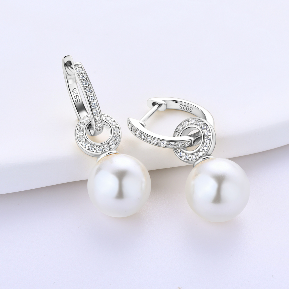 High-grade 9-10 mm  AAAA Shell Pearl with Zircon Stones  Hoop Earrings