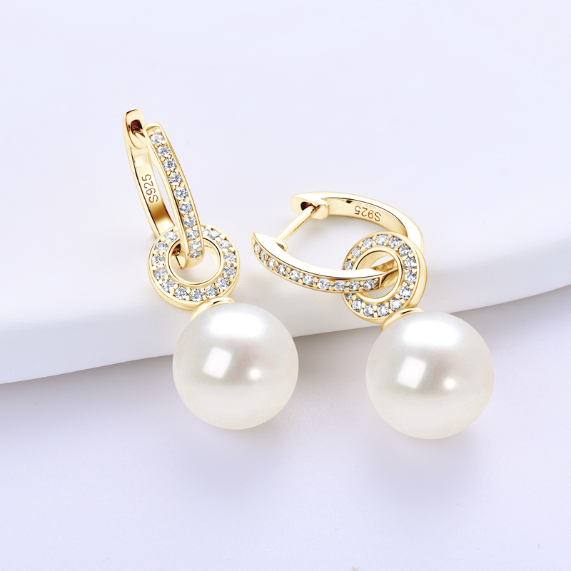 High-grade 9-10 mm  AAAA Shell Pearl with Zircon Stones  Hoop Earrings