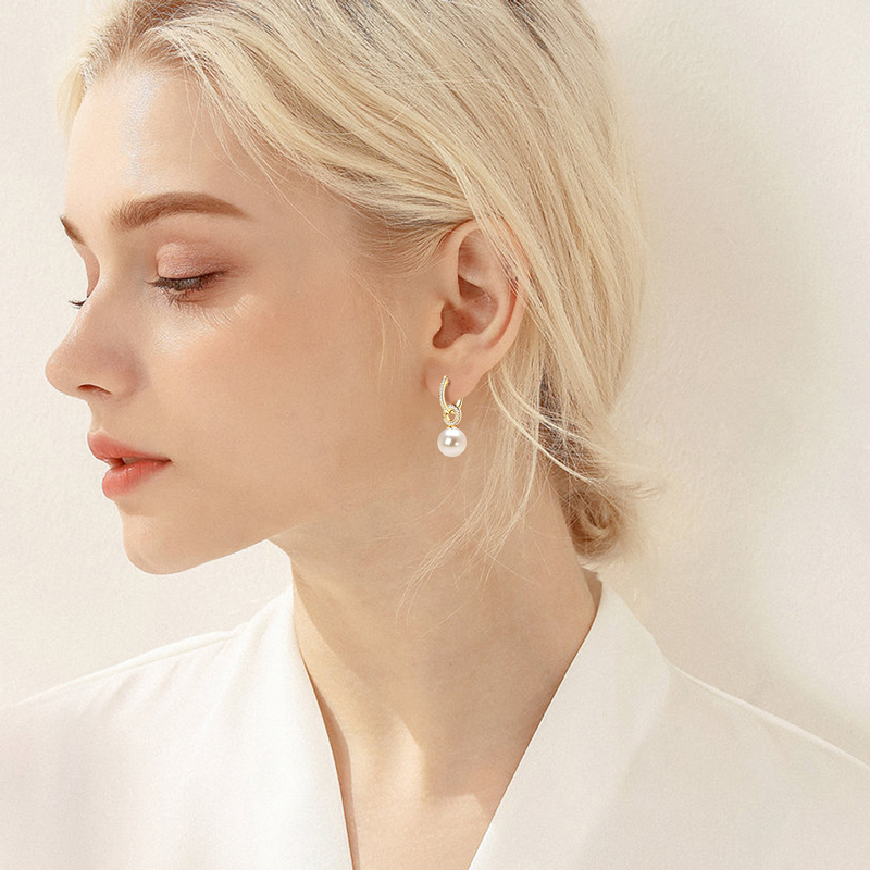 High-grade 9-10 mm  AAAA Shell Pearl with Zircon Stones  Hoop Earrings