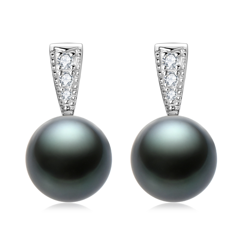 Natural 9-10 mm Tahitian Black Pearl with Moissanite Accents Stud Earrings