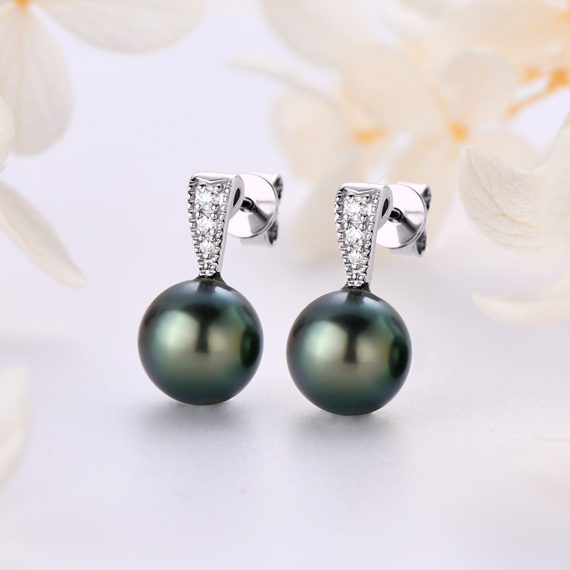 Natural 9-10 mm Tahitian Black Pearl with Moissanite Accents Stud Earrings