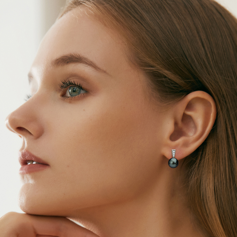 Natural 9-10 mm Tahitian Black Pearl with Moissanite Accents Stud Earrings