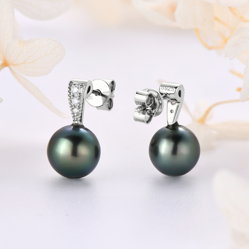 Natural 9-10 mm Tahitian Black Pearl with Moissanite Accents Stud Earrings