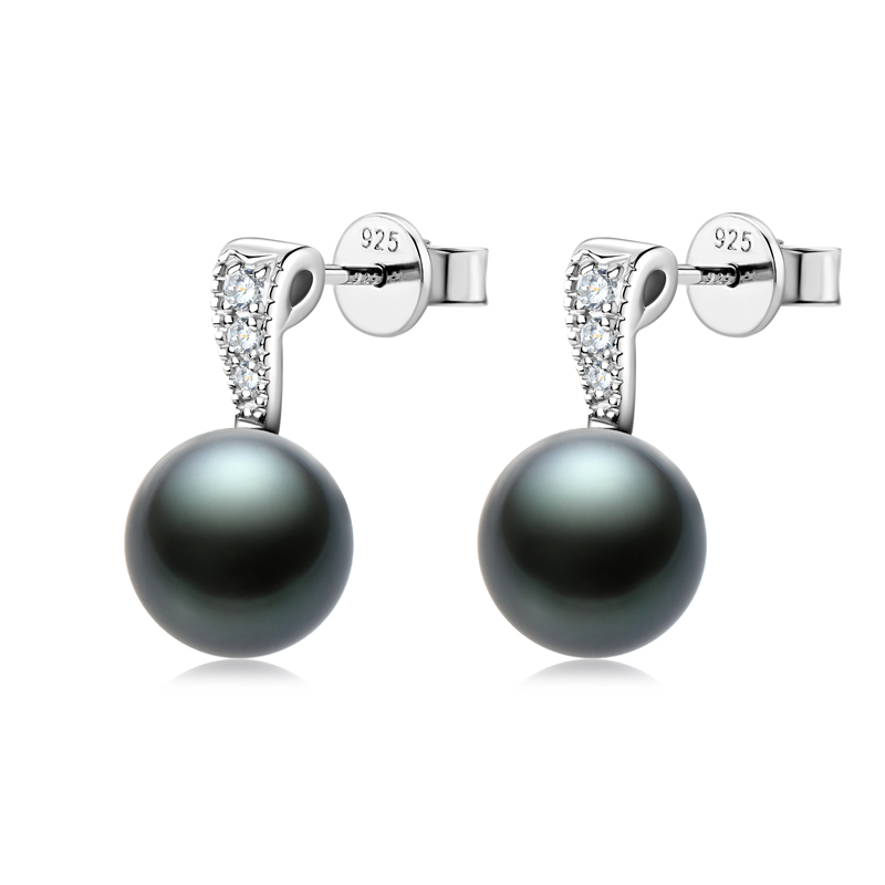 Natural 9-10 mm Tahitian Black Pearl with Moissanite Accents Stud Earrings