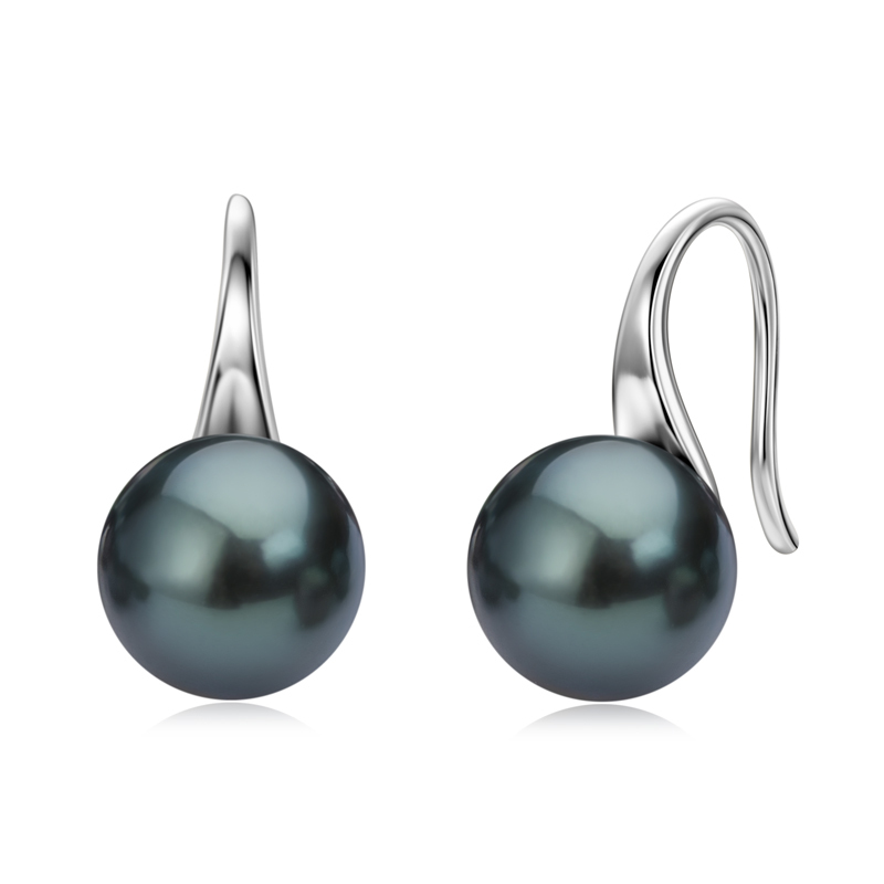 9 mm Natural Seawater Tahitian Black Round Pearl Classic Hook Earrings