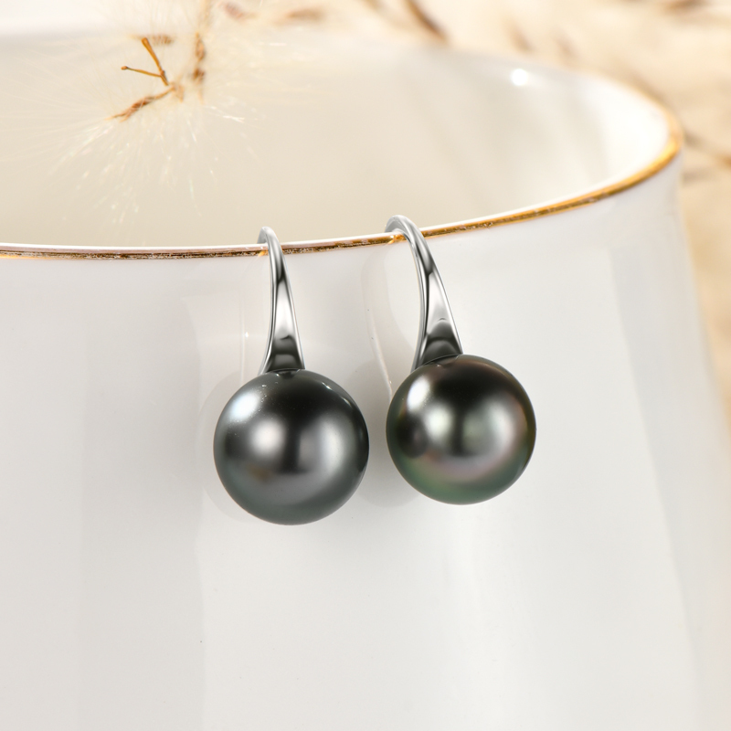 9 mm Natural Seawater Tahitian Black Round Pearl Classic Hook Earrings