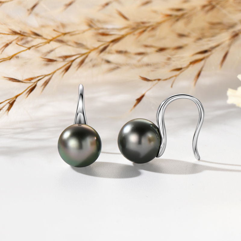 9 mm Natural Seawater Tahitian Black Round Pearl Classic Hook Earrings