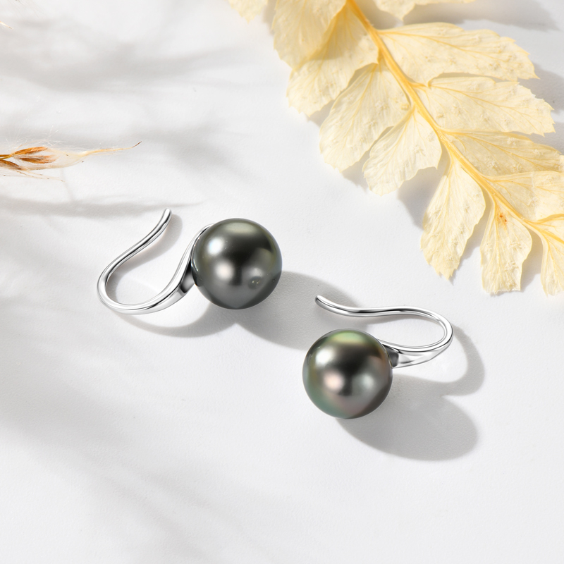 9 mm Natural Seawater Tahitian Black Round Pearl Classic Hook Earrings