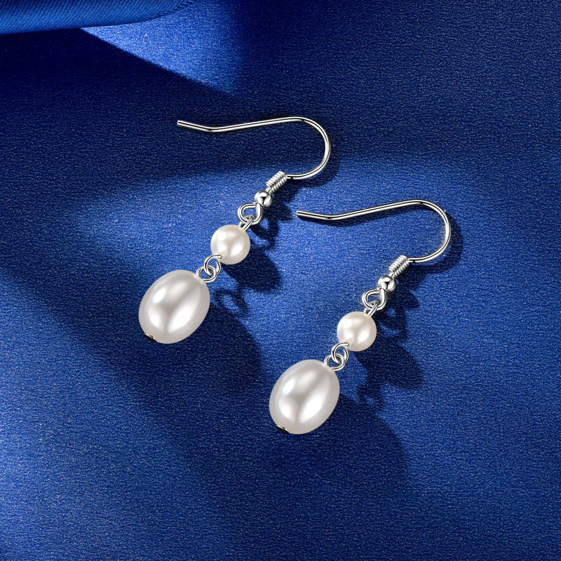 5 mm (Round) & 8x10 mm (Oval) White Shell Bead Pearl Hook Earrings