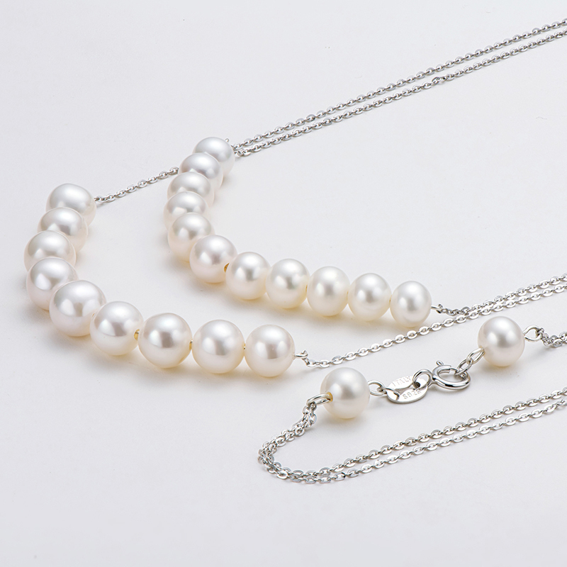 6-7 mm & 7-8 mm Cultured Freshwater High Gloss White Pearl Double Chain Necklace
