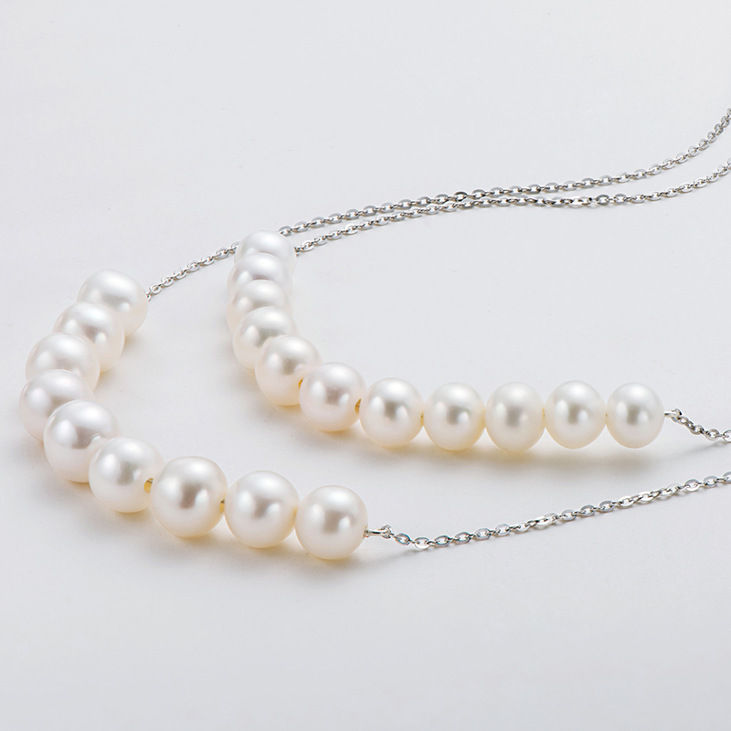 6-7 mm & 7-8 mm Cultured Freshwater High Gloss White Pearl Double Chain Necklace