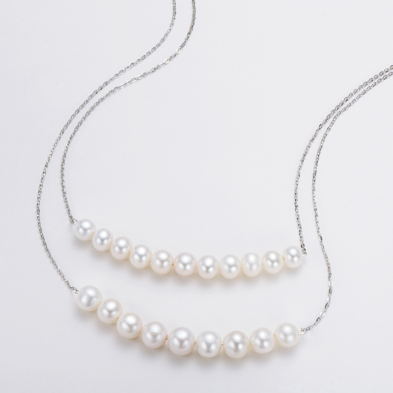 6-7 mm & 7-8 mm Cultured Freshwater High Gloss White Pearl Double Chain Necklace