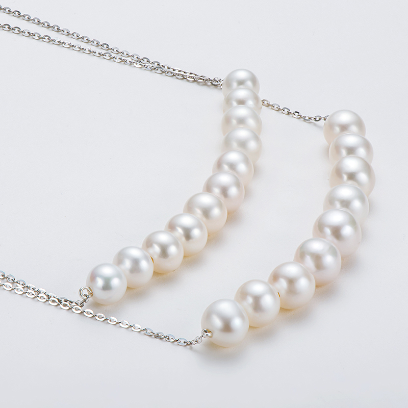 6-7 mm & 7-8 mm Cultured Freshwater High Gloss White Pearl Double Chain Necklace