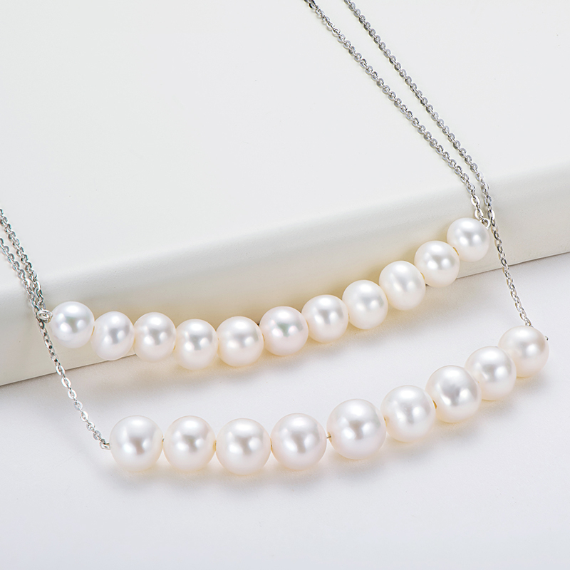 6-7 mm & 7-8 mm Cultured Freshwater High Gloss White Pearl Double Chain Necklace