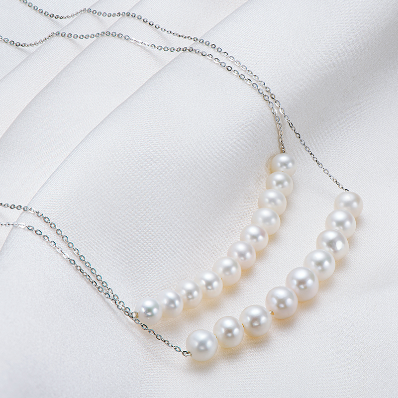 6-7 mm & 7-8 mm Cultured Freshwater High Gloss White Pearl Double Chain Necklace