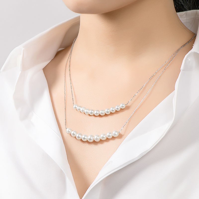 6-7 mm & 7-8 mm Cultured Freshwater High Gloss White Pearl Double Chain Necklace