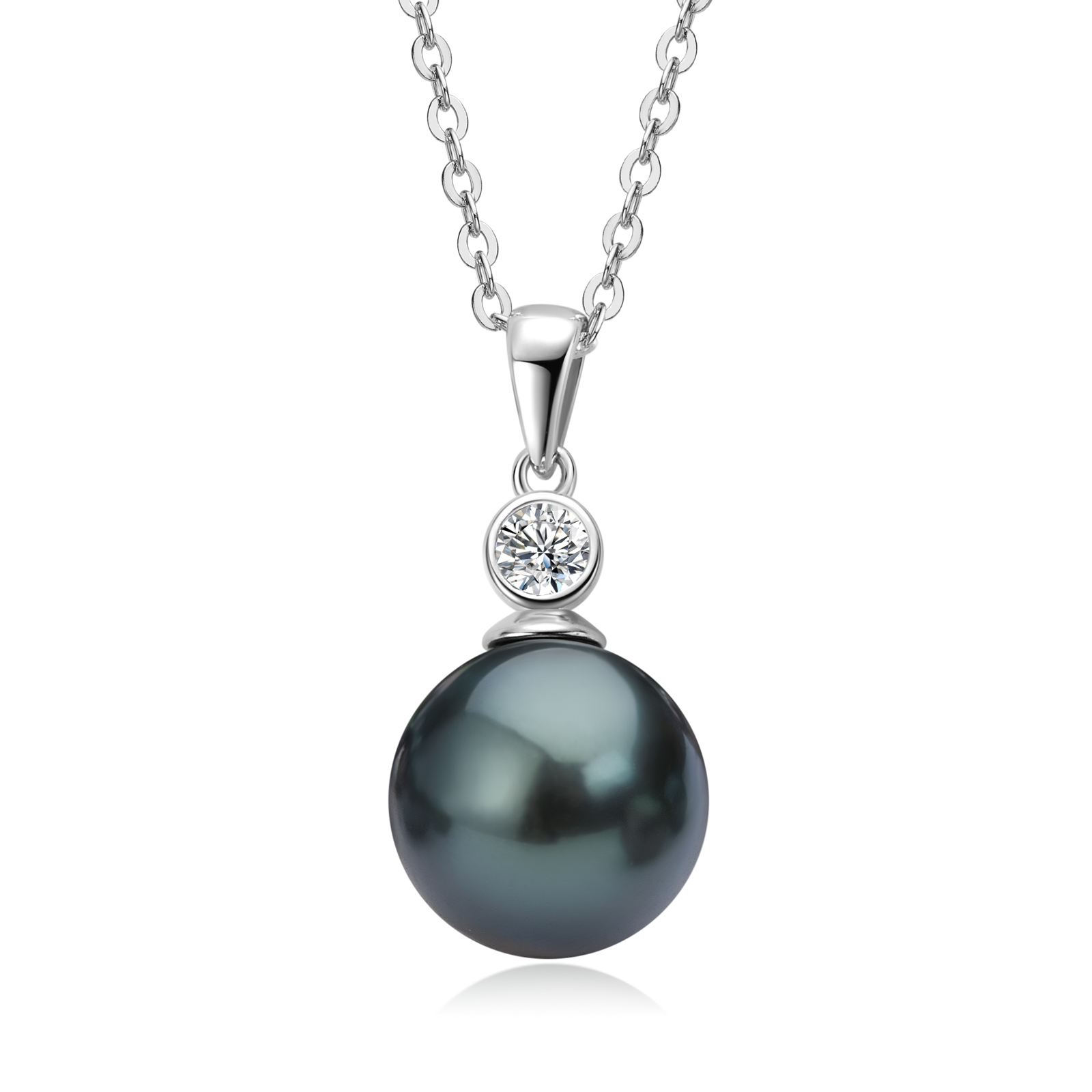 9 mm Natural Tahitian Black Pearl Pendant with 3 mm Moissanite Stone Necklace