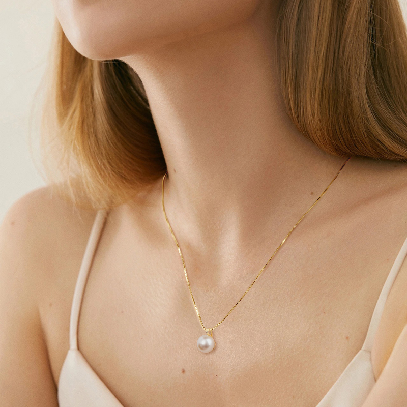 8-9 mm Natural Freshwater Pearl Box Chain Pendant Necklace