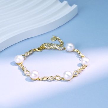 Handmade S925 Sterling Silver Bracelet with 8 mm Freshwater Cultured White Pearls & Cubic Zirconia