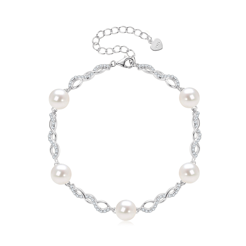 Handmade S925 Sterling Silver Bracelet with 8 mm Freshwater Cultured White Pearls & Cubic Zirconia
