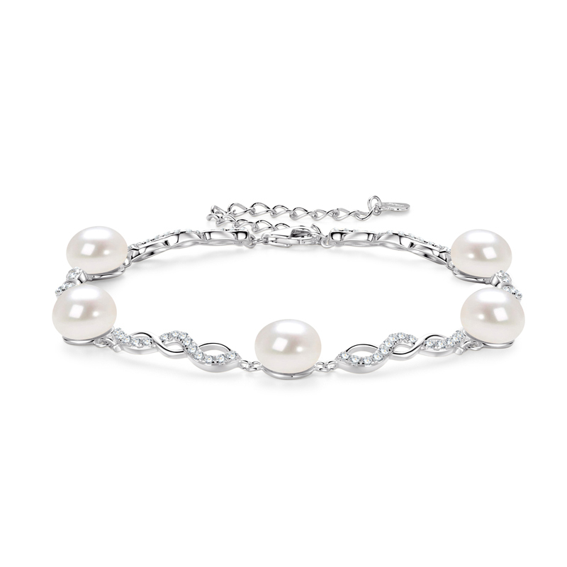 Handmade S925 Sterling Silver Bracelet with 8 mm Freshwater Cultured White Pearls & Cubic Zirconia