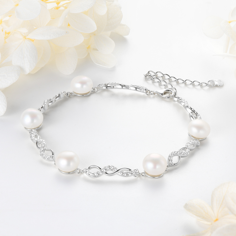 Handmade S925 Sterling Silver Bracelet with 8 mm Freshwater Cultured White Pearls & Cubic Zirconia