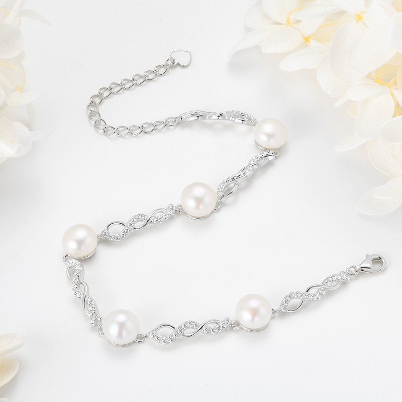 Handmade S925 Sterling Silver Bracelet with 8 mm Freshwater Cultured White Pearls & Cubic Zirconia
