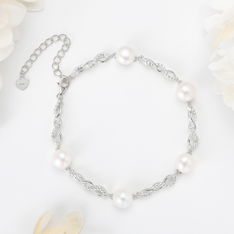 Handmade S925 Sterling Silver Bracelet with 8 mm Freshwater Cultured White Pearls & Cubic Zirconia