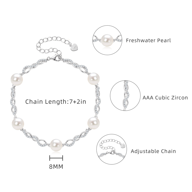 Handmade S925 Sterling Silver Bracelet with 8 mm Freshwater Cultured White Pearls & Cubic Zirconia