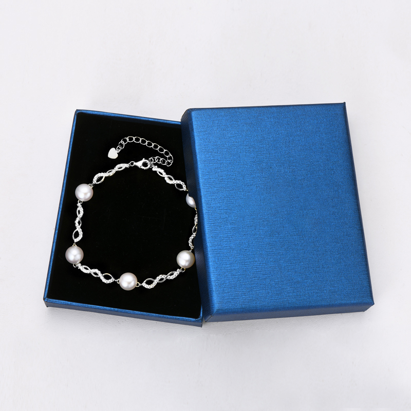 Handmade S925 Sterling Silver Bracelet with 8 mm Freshwater Cultured White Pearls & Cubic Zirconia