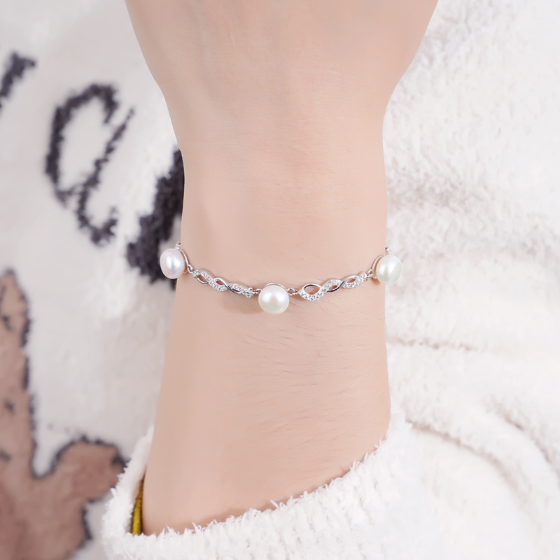 Handmade S925 Sterling Silver Bracelet with 8 mm Freshwater Cultured White Pearls & Cubic Zirconia
